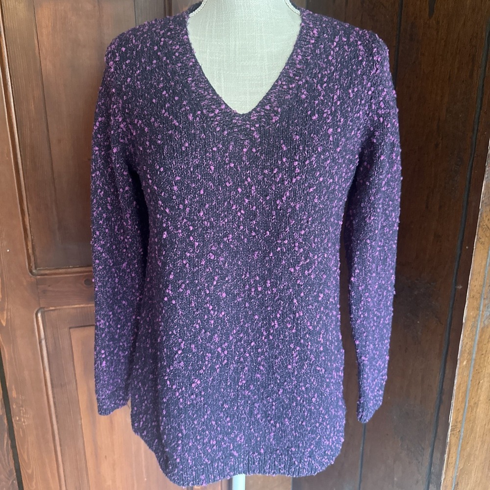 Womens J Jill Purple Speckled Cotton Blend V-Neck Pullover Sweater Xsmall Petite